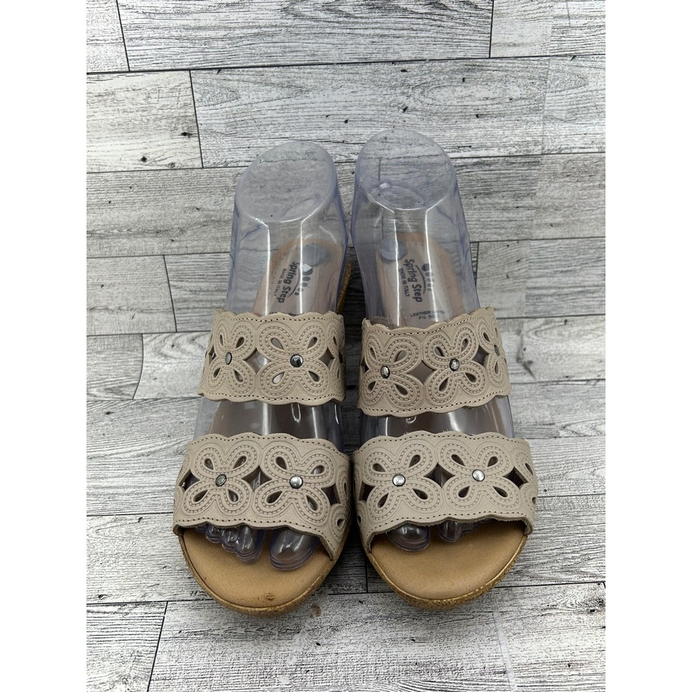 Spring Step Women Beige Leather Laser Cut Floral Wedge Slide Sandals Italy Sz 38